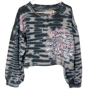 Handmade Floral Mandala Tie Dye Sweatshirt Womens Large Cropped Pullover Black
